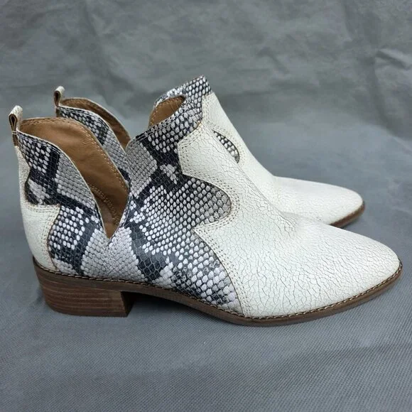 Lucky Brand Boots Leymon Cream Leather Snakeskin Cut Out Bootie Boots Shoes Sz 9 - Picture 1 of 7